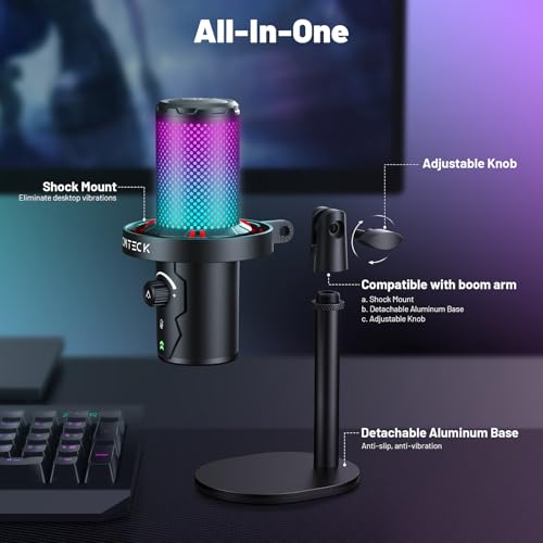CMTECK USB 마이크, 스튜디오 품질, PC/노트북용 맞춤형 RGB 조명 | LED로 빠른 음소거, 플러그 앤 플레이, 노이즈 캔슬링. 3.5mm 제로 레이턴시 잭 및 게인. 팟캐스트, 스트리밍용 - color: 블랙.