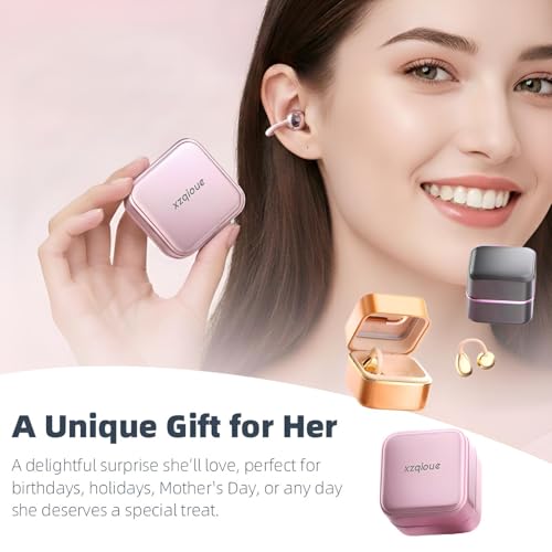 Wireless Earbuds with LED Makeup Mirror Case, Bluetooth 6.0 Open Ear Clip-On Headphones, Cute Pink Air Conduction Earphones for Women, Low Latency, Secure Fit for Running & Travel - color: Pink