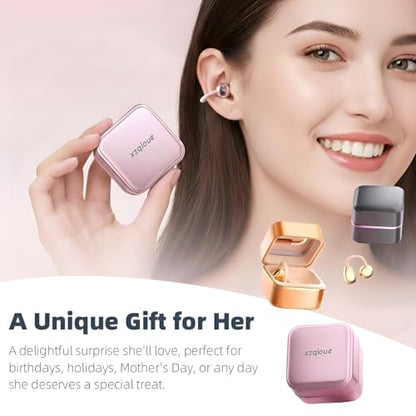 Wireless Earbuds with LED Makeup Mirror Case, Bluetooth 6.0 Open Ear Clip-On Headphones, Cute Pink Air Conduction Earphones for Women, Low Latency, Secure Fit for Running & Travel - color: Pink