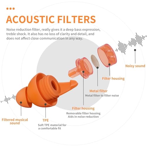 LYSIAN High Fidelity Concert Ear Plugs, 23dB, 2 Pairs with Case, Orange | Reusable soft musician earplugs for concerts, festivals & raves; 23dB noise reduction, 2 pairs with aluminum case - color: Orange
