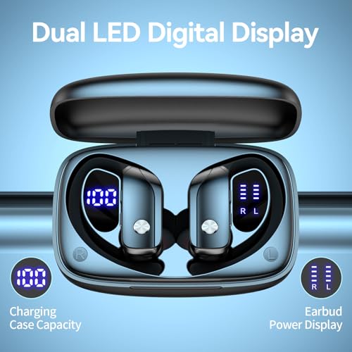 bmani Ear Buds Wireless Earbuds Bluetooth Headphones with 80H Playtime LED Display Case, Over-Ear Hook with Mic, Stereo Sound, Easy Button Controls, Sports Earphones for Running Workout Gym Black - color: Black, style: Standard