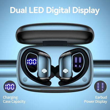 bmani Ear Buds Wireless Earbuds Bluetooth Headphones with 80H Playtime LED Display Case, Over-Ear Hook with Mic, Stereo Sound, Easy Button Controls, Sports Earphones for Running Workout Gym Black - color: Black, style: Standard