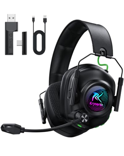 Krysenix 2.4 GHz Wireless Gaming Headset for PC, PS5, PS4, Switch - Black | Bluetooth 5.4 Gaming Headphones with Noise Canceling Microphone, Cool RGB Lighting,1200 mAh Battery, Foldable, 50mm Drivers - color: Black