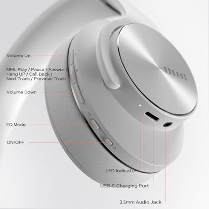 DOQAUS Bluetooth Headphones Over Ear, 90H Playtime, 3EQ Mode, with ENC Mic | Hifi Stereo Sound, Lightweight, Headphones Wireless with Soft Memory Foam Earpads, Deep Bass for Home Office Cellphone PC - color: Light Grey