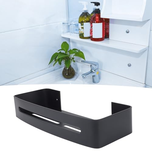 Bathroom Floating Shelf Wall Mount Bathroom Shelf Shower Bath Rack Single Layer Space Aluminum Bathroom Floating Wall Shelves with Hooks (Black)