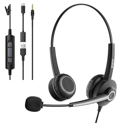 Voistek USB Headset with Mic,PC Headphones with Noise Cancelling Microphone | 3.5mm Plug,Detachable USB-A Cable & USB-C Adapter,In-Line Volume Control,Mute Button for Teams Zoom,Home Office - color: Raven Black