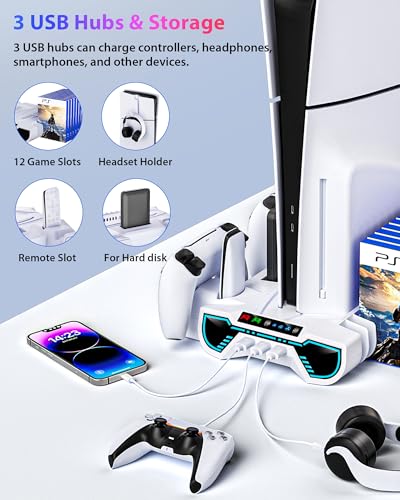 PS5/Slim/Pro Cooling Station and Controller Charging Station with LED Stand for PlayStation 5 Console - PS5 Controller Charger, Cooling Stand Accessory Kit-Cooler Fan/Headset Holder/3 USB Hub, White - color: White