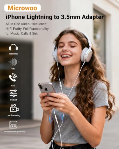 Lightning to 3.5mm Headphone Jack Adapter [Apple MFi Certified] Hi-Fi Stereo Sound, Full Function Control, Compatible with iPhone 14/13/12/11/X/8 & More – for Music, Calls & Car AUX White 1Pack - color: White