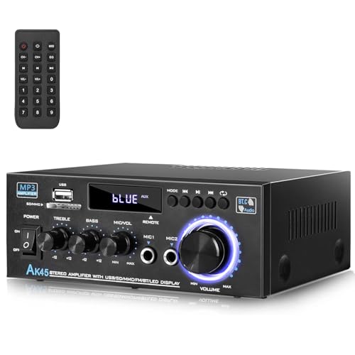AK45 Stereo Home Audio Amplifier with 5.0 Bluetooth Receiver, 300W+300W Bluetooth HiFi AMP Power Amplifier 2.0 Channel RMS 40W x 2 Home Stereo System Remote Control Amp W/MIC,USB, RCA,FM Radio