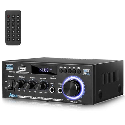 AK45 Stereo Home Audio Amplifier with 5.0 Bluetooth Receiver, 300W+300W Bluetooth HiFi AMP Power Amplifier 2.0 Channel RMS 40W x 2 Home Stereo System Remote Control Amp W/MIC,USB, RCA,FM Radio