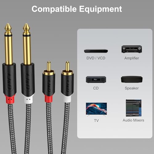J&D 3 FT Bundle with 15 FT Dual 1/4" TS to Dual RCA Cable, Quarter inch to RCA Stereo Audio Interconnect