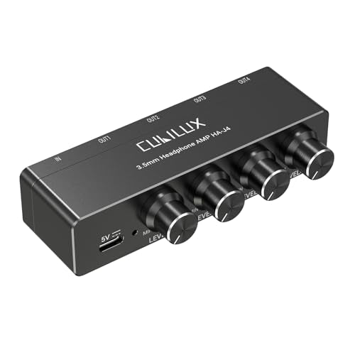 4-Way 3.5mm Headphone Amplifier with Independent Volume Control, 16-300 Ohm, Aluminum Case Stereo Audio Splitter Box for Headphone, Speaker, and Laptop-5V DC Power Supply