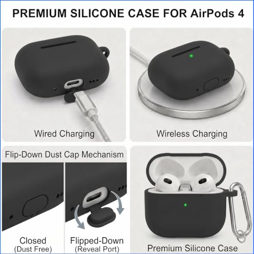 for AirPods 4th Case Cover, Soft Silicone Case with Cleaner Kit, Keychain, Full Protection for Men and Women, Compatible with AirPods 4th Generation (Black) - color: A4-Black