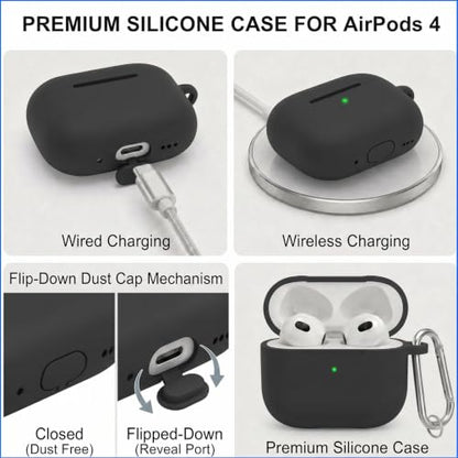 for AirPods 4th Case Cover, Soft Silicone Case with Cleaner Kit, Keychain, Full Protection for Men and Women, Compatible with AirPods 4th Generation (Black) - color: A4-Black