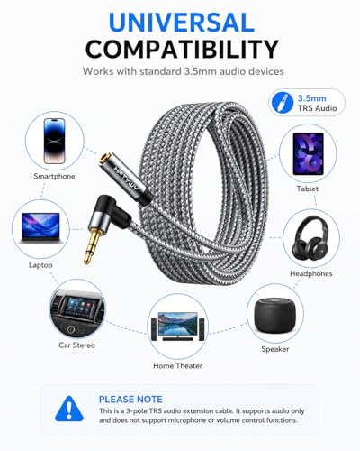 10ft 3.5mm Headphone Extension Cord Male to Female Stereo Audio Extender, 90 Degree Right Angle 1/8 Inch TRS Aux Wire for TV, PC, Smartphones, Braided Double Shielded - size: 10 ft