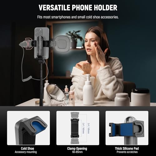 NEEWER Selfie Stick Tripod for iPhone, Lightweight Foldable Mini Travel 360° Desk Stand with Cell Phone Holder Cold Shoe for Video Recording Vlog Streaming, Remote Shutter & Cleaning Cloth, P15 Black