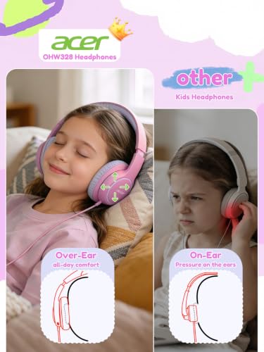 Acer OHW328 Kids Headphones Wired for School - Over Ear Design | 85/94dB Safe Volume, 3.5mm Jack Foldable Headphones for Kids Boys Girls Classroom Yoto Player Chromebook Travel PinkPurple - color: Pink Purple