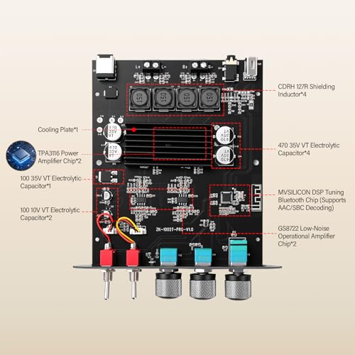 Daakro ZK-1002T PRO 2.0 Channel Bluetooth 5.3 Amplifier Board 200W HiFi Audio AMP with Treble and Bass, TWS,BT USB and AUX Inputs, DC 12-24V 2.0 Channel Stereo AMP Module for DIY Speakers - color: ZK-1002TPRO