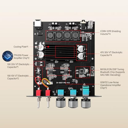 Daakro ZK-1002T PRO 2.0 Channel Bluetooth 5.3 Amplifier Board 200W HiFi Audio AMP with Treble and Bass, TWS,BT USB and AUX Inputs, DC 12-24V 2.0 Channel Stereo AMP Module for DIY Speakers - color: ZK-1002TPRO