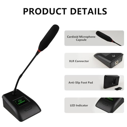 Desktop Gooseneck Conference Microphone Wired with 48V Phantom. Table Mounted Corded Condenser XLR Microphone with 26ft XLR Male to Female Cable and 6.35mm Adapter Cable for Speake, Studio, Recording