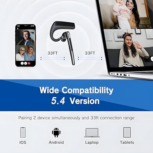 Bluetooth Headset V5.4, Wireless Bluetooth Earpiece with CVC8.0 Dual Mic Noise Cancelling, 110 Hours Talktime Hands-Free Headphones for Cell Phone, iOS and Android, for Trucker and Business Use
