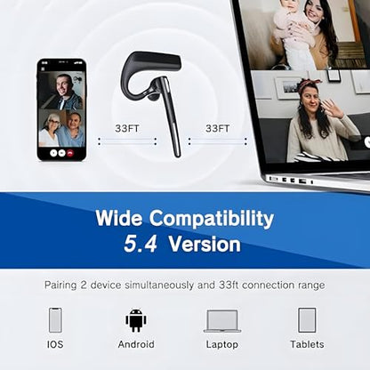 Bluetooth Headset V5.4, Wireless Bluetooth Earpiece with CVC8.0 Dual Mic Noise Cancelling, 110 Hours Talktime Hands-Free Headphones for Cell Phone, iOS and Android, for Trucker and Business Use