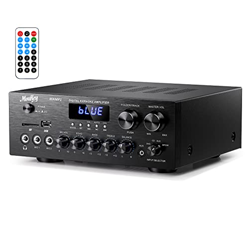 Moukey Stereo Receivers with Bluetooth 5.0, 2.0 Channel Power Audio Amplifier Stereo System w/USB, SD, AUX, RCA, MIC in w/Echo, LED for Karaoke, Home Theater Speakers, 400W Peak, 25W× 2 RMS- MAMP1 - size: 400W Peak, 25W× 2 RMS