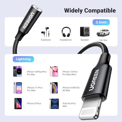 UGREEN Headphone Adapter for iPhone Lightning to 3.5mm MFi Certified, Black | Apple MFi Certified Aux Jack Dongle Cable, Compatible with iPhone 14 Pro Max/14 Plus/13 12 11 Pro Max/SE/XS, Aluminum Shell - color: Black