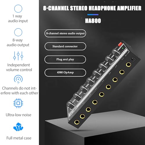 Portable Metal Stereo Headphone Amplifier with 8 Outputs, 1 Input, 12V Power Adapter, Mini Headphone Splitter for Studio/Stage, 100-240V US Plug