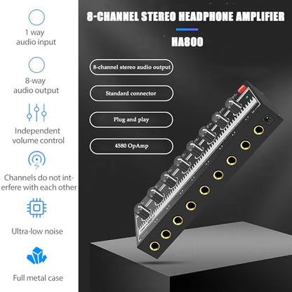 Portable Metal Stereo Headphone Amplifier with 8 Outputs, 1 Input, 12V Power Adapter, Mini Headphone Splitter for Studio/Stage, 100-240V US Plug