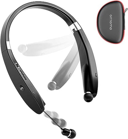 AMORNO Foldable Bluetooth Headphones Wireless Neckband Headset with Retractable Earbuds, Sports Sweatproof Noise Cancelling Stereo Earphones with Mic - color: Black