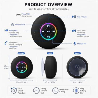 Bluetooth Shower Speaker with LED – Portable Wireless Mini Speaker with Mic & Suction Cup, IPX4 Water Resistant for Shower, Travel, Pool, River Floating, and Outdoor Fun (Yellow) - color: Yellow