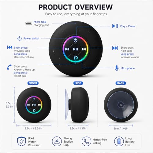 Bluetooth Shower Speaker with LED – Portable Wireless Mini Speaker with Mic & Suction Cup, IPX4 Water Resistant for Shower, Travel, Pool, River Floating, and Outdoor Fun (Blue) - color: Blue