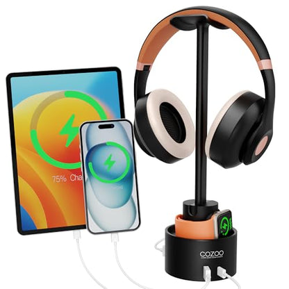 Headphone Stand with 3 USB Charger Desktop Gaming Headset Holder Hanger with 3 USB Charging Station,Watch Stand and Watch Wireless Charging,DJ,Earphone Display Accessories,Gamers Gifts for Him