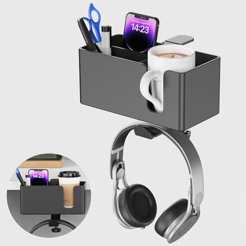 Desk Cup Holder Clamp with Headphone Hanger and Storage Tray | Clamp on design, rotating headphone hanger, detachable storage tray, cable holes, fits 5-50mm desks - color: Black