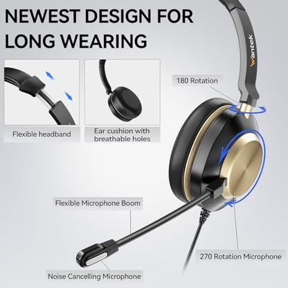 Wantek Headset with Mic, USB Headset with Microphone, Computer Headset with Noise Cancelling Microphone for Laptop PC, Mute in-line Controls