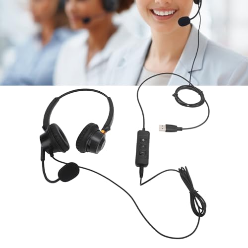 Headset with Noise Canceling Microphone, USB Dual Ear Volume Adjustable Office Telephone Headset with Long Cable, for Call Center, Customer Service