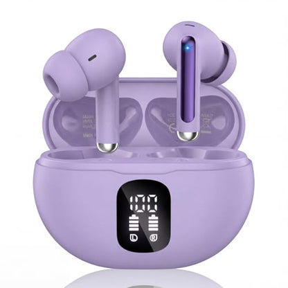 Wireless Earbuds, Bluetooth 5.4 Ear Buds Bass Stereo, Headphones with Noise Cancelling Mic, LED Display in Ear Earphones Clear Calls, IP7 Waterproof Bluetooth Earbuds for Phone/Android/iPad, Purple - color: Purple
