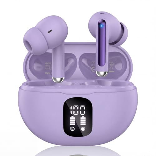 Wireless Earbuds, Bluetooth 5.4 Ear Buds Bass Stereo, Headphones with Noise Cancelling Mic, LED Display in Ear Earphones Clear Calls, IP7 Waterproof Bluetooth Earbuds for Phone/Android/iPad, Purple - color: Purple