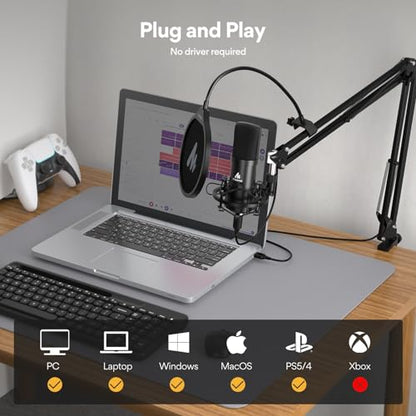 MAONO USB Microphone, 192KHZ/24Bit Plug & Play PC Computer Podcast Condenser Cardioid Metal Mic Kit with Professional Sound Chipset for Recording, Gaming, Singing, YouTube, A04, MH700