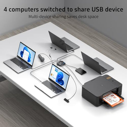 eKL USB 3.2 Switch for 4 Computers, 2 USB-C+2 USB-A 10Gbps Inputs, Share 1 USB-C+3 USB-A Peripherals Like Mouse Keyboard Printer Scanner, with 3.5mm Mic Headphone Jack, Includes 4 Cables & Controller - size: USB3.2 10Gbps 4 in 4 out with desktop controlle