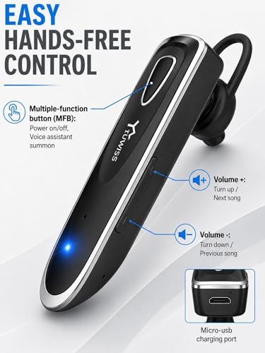 YW YUWISS Bluetooth Earpiece for Cell Phone with Mic Wireless in Ear Earbud Headphones Car Headset with 50 Hours Noise Canceling Hands Free Calling Compatible with Driving, iPhone, Samsung, Black