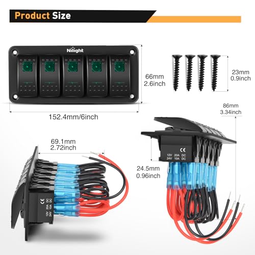Nilight 5 Gang Rocker Switch Panel SPST On Off Toggle with DIY Label Sticker | 5PIN Electrical 12V/20A 24V/10A Aluminum Plate with Pre-Wired Jumper Wires for LED Light Bar RV Boats 4X4 Cars Green - color: Green, size: 5 Gang