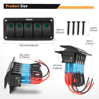 Nilight 5 Gang Rocker Switch Panel SPST On Off Toggle with DIY Label Sticker | 5PIN Electrical 12V/20A 24V/10A Aluminum Plate with Pre-Wired Jumper Wires for LED Light Bar RV Boats 4X4 Cars Green - color: Green, size: 5 Gang