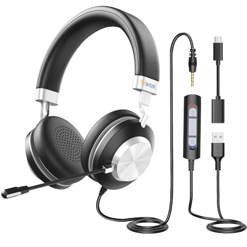 Wantek USB Headset with Microphone for PC, On-Ear Computer Laptop Headphones with Noise Cancelling Mic, Mute, Volume Control for Work, Teams, Zoom, Online Meetings, Home Office (USB+USB-C+3.5mm) - color: Black