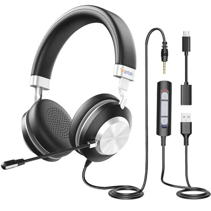 Wantek USB Headset with Microphone for PC, On-Ear Computer Laptop Headphones with Noise Cancelling Mic, Mute, Volume Control for Work, Teams, Zoom, Online Meetings, Home Office (USB+USB-C+3.5mm) - color: Black