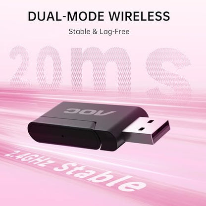 AOC PS5/4, 스위치, PC와 호환되는 무선 게이밍 헤드셋 - 핑크 | USB-C 및 블루투스 5.4 및 2.4GHz 게이밍 헤드폰, 노이즈 캔슬링 마이크, 7.1 가상 서라운드, 20ms 대기 시간, 45H, RGB - color: 핑크