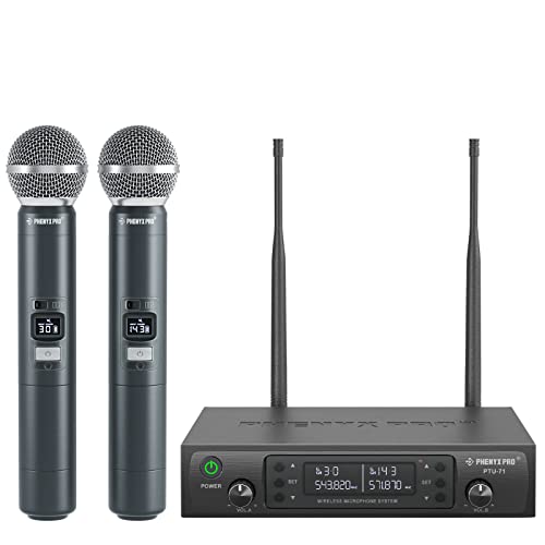 Phenyx Pro Dual UHF Auto Scan Handheld Wireless Microphone System PTU-71-2H | 2 Dynamic Mics, 2 x 100 Frequencies, 328 ft Range, Live Vocals, Karaoke Events, Worship Services
