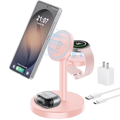 Magnetic Wireless Charger for Samsung, 3 in 1 Super Fast Charging Station Compatible with MagSafe, Phone Charger Stand for Samsung Galaxy S26 Ultra S25 Z Fold/Flip 8, Watch Ultra 8 7 6, Buds 4/3 Pro - color: Pink