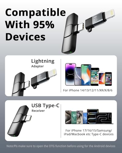 Mini Microphone for iPhone Android - Wireless Lavalier Microphone USB-C Lightning, Noise Cancelling Clip On Mic, 65ft Range, 12H Battery for Video Recording TikTok YouTube Content Creators - size: 2TX1RX without ChargingCase
